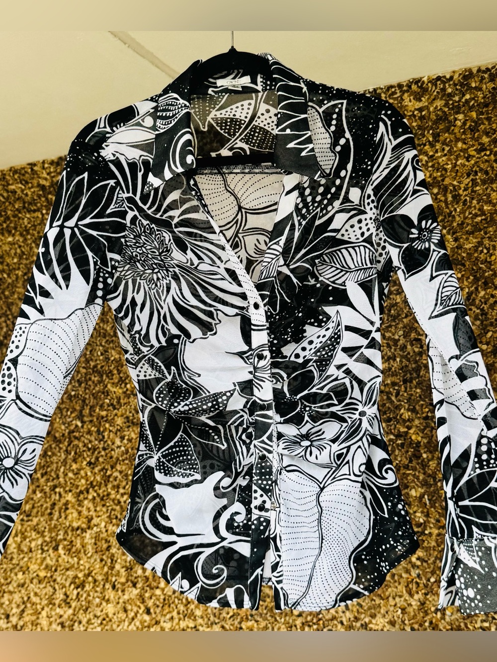 Caché Vintage Sheer Mesh Floral Button Down Blouse
Black White Large